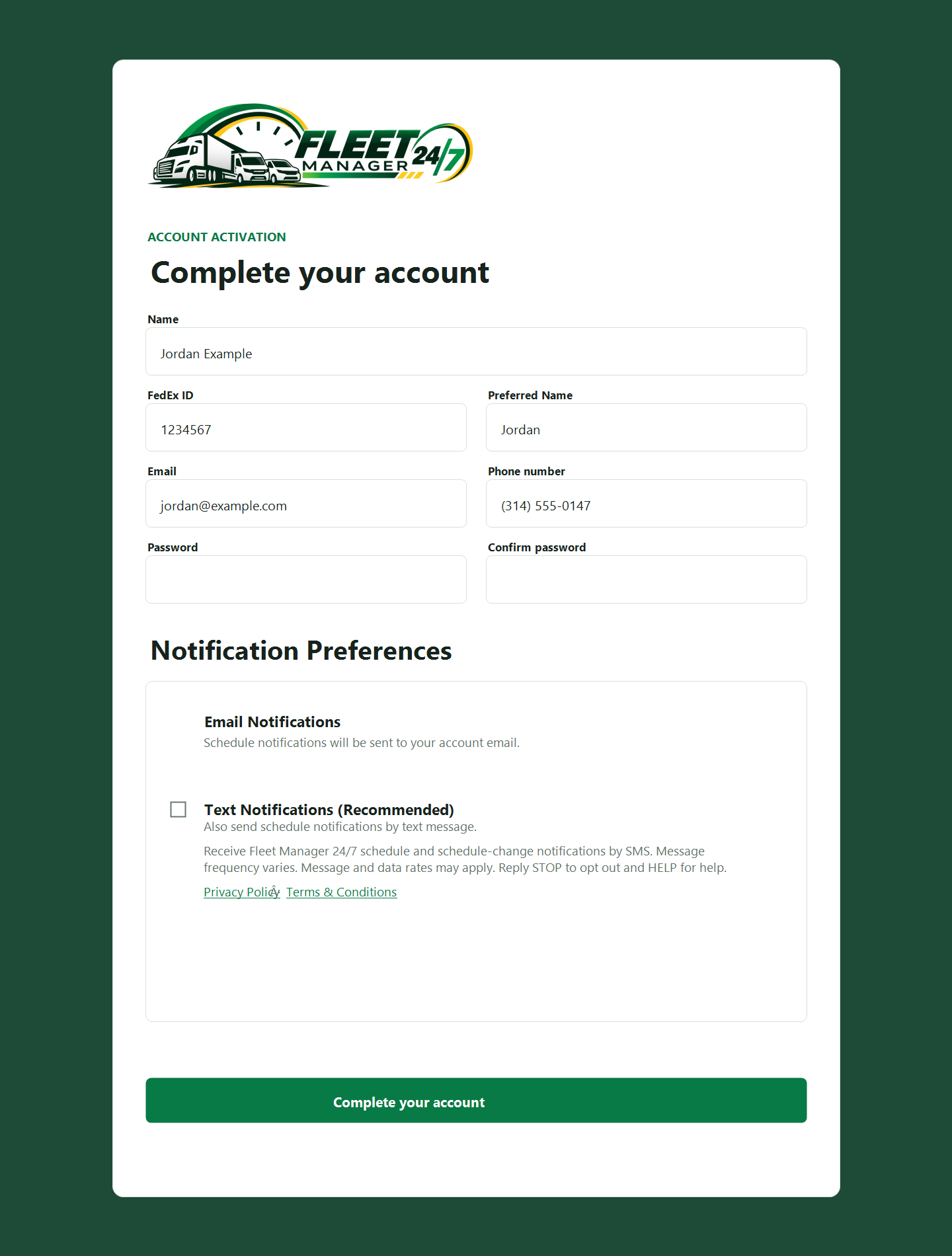 Fleet Manager 24/7 account activation screen showing the optional Text Notifications setting